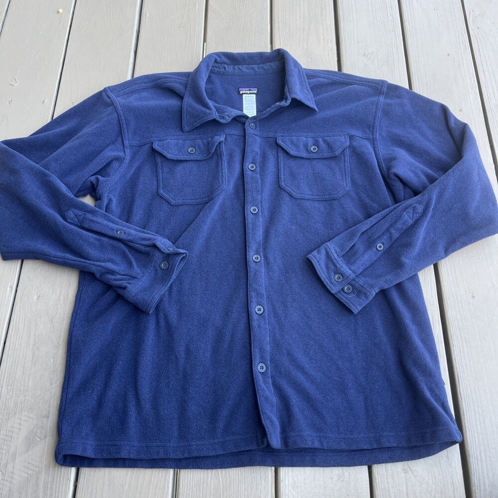 PATAGONIA Men's Long Sleeve Shirt Piqué Fleece Button Up Shacket Blue Size XL
